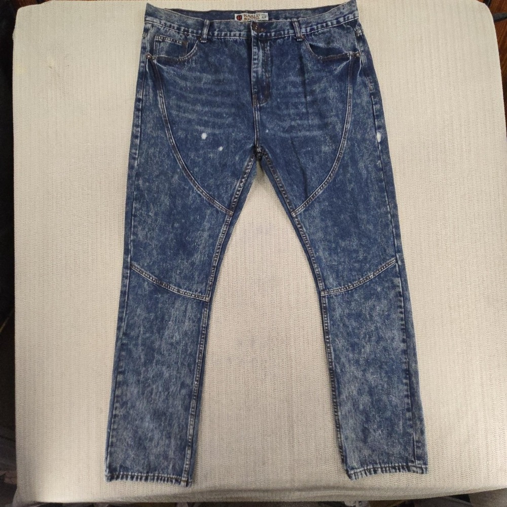 KAALU Jeans Mens 42x32 Blue Acid Wash Relaxed Fit Tapered Denim Pants Casual